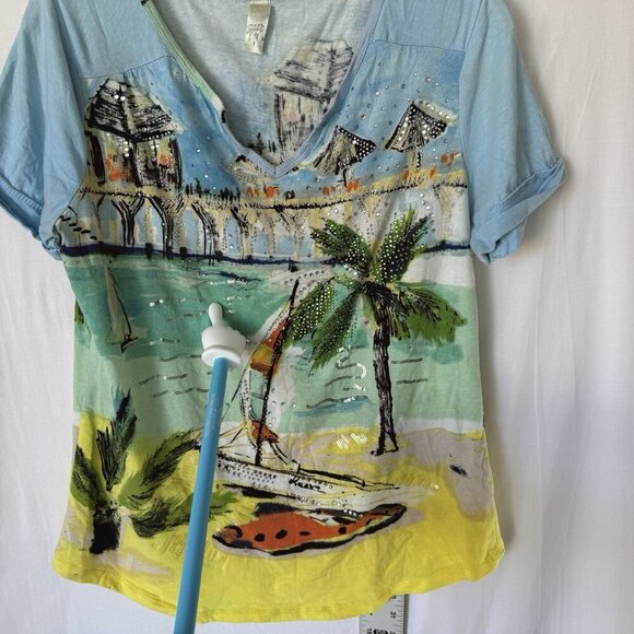 T O Tropical Blouse Sail Boats, Tiki Huts, Palms, Beachy Coastal Boho Rhinestone - Picture 1 of 6